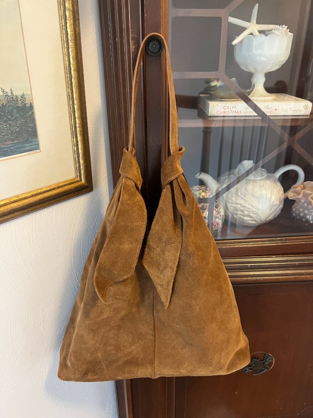 Anna Paola Genuine Italian Leather Suede Hobo Bag, Brown, Knotted Straps